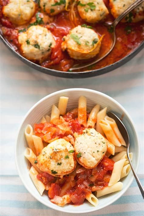 Chicken and Ricotta Meatballs in Tomato Sauce with Pasta Stock Photo ...