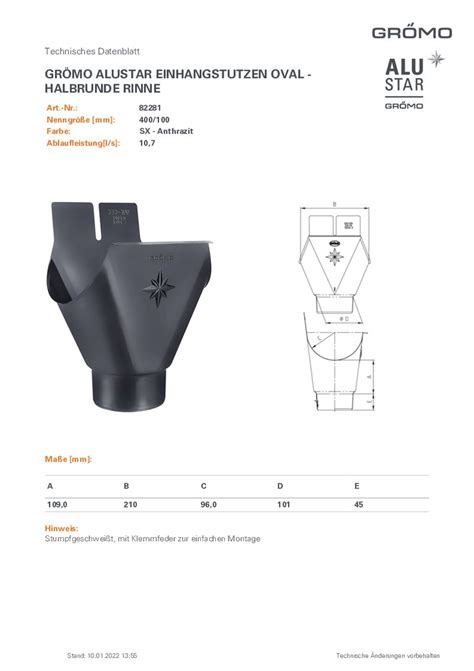 GRÖMO ALUSTAR Einhangstutzen oval SX Anthrazit 400 100 halbrunde