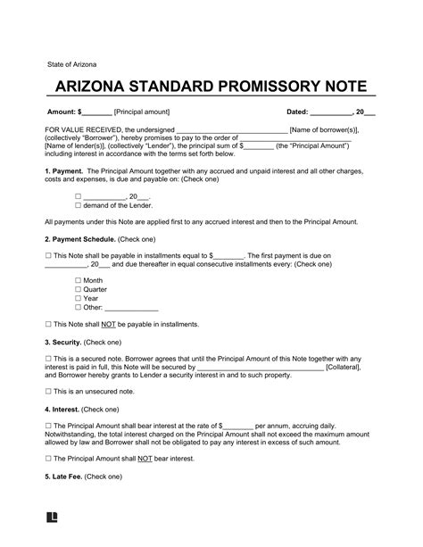 Free Arizona Promissory Note Templates PDF Word