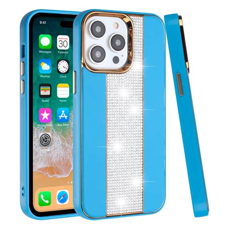 Luxury Crystal Leather Hybrid Case For Iphone 15 Pro Blue Hd Accessory