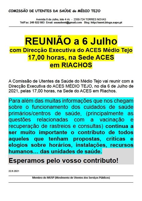 Preparar a reunião de 6 de Julho o ACES MÉDIO TEJO Utentes da