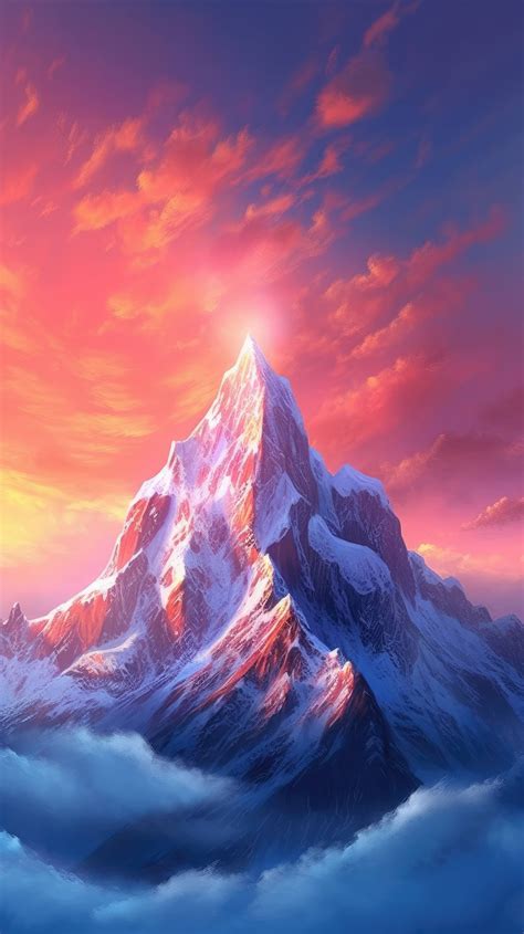 A Majestic Snow Covered Mountain Peak At Sunrise With Soft Pink And