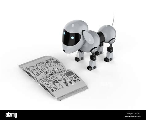 Machine learning concept with 3d rendering dog robot reading a book ...