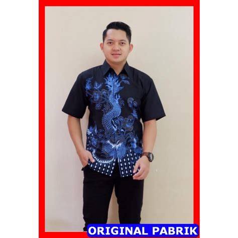 Jual Naga Biru Kemeja Baju Batik Pria Solo Lengan Pendek Full Furing