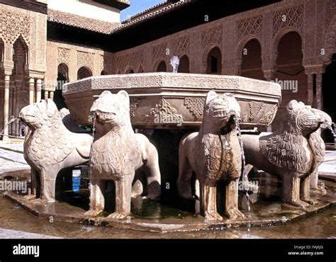 Lions Fountain In The Court Of The Lions Palace Of Alhambra Granada