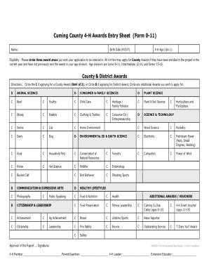 Fillable Online Extension Unl Cuming County 4 H Awards Entry Sheet