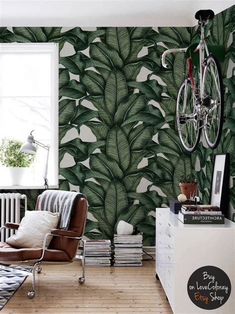 Banana Leaf Wallpaper, Banana Leaves, Drawing Tropical Wall Mural, Removable Wallpaper, Wall ...