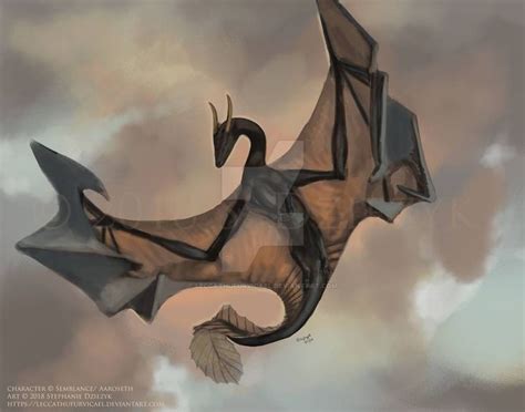 A Drawing Of A Dragon Flying Through The Air With Clouds In The Backround