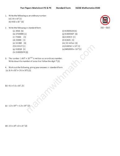 Standard Form Igcse Mathematics 0580 Past Papers Worksheet