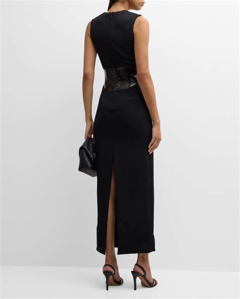 Brandon Maxwell Leather Corset Crepe Sleeveless Maxi Dress Neiman Marcus