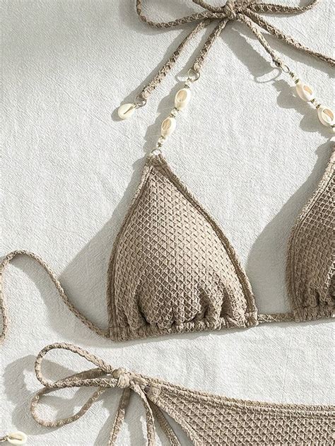 Women S Summer Beach Solid Color Halter Neck Tie Sexy Bikini Set