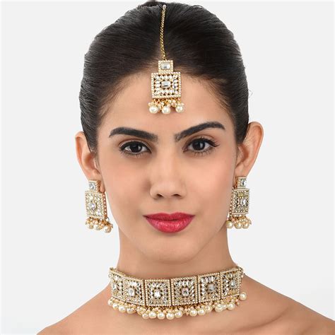 Zaveri Pearls Gold Tone Kundan And Pearls Necklace Earrings And Maangtikka Set Zpfk10721 Buy