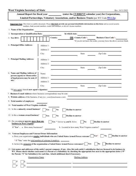 West Virginia Annual Report For Corporations Limited Partnerships