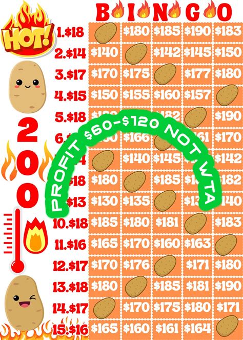 200 Every Row Hot Potato Bingo Board With Profit Etsy