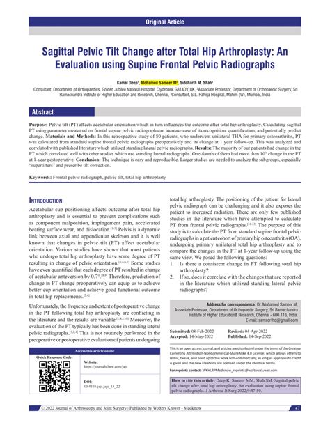 Pdf Sagittal Pelvic Tilt Change After Total Hip Arthroplasty An