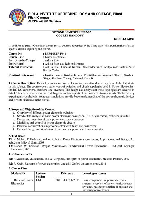 Pow E Instr F Handout Birla Institute Of Technology And