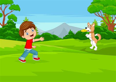 Cartoon boy play flying disc with his dog in the park 5158023 Vector ...