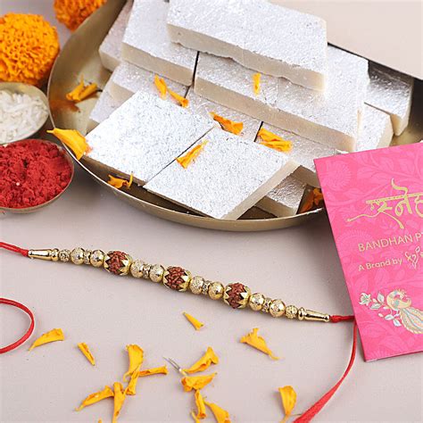 Sneh Rudraksha Holy Rakhi Kaju Katli Gift Exp Uk Gift Sneh