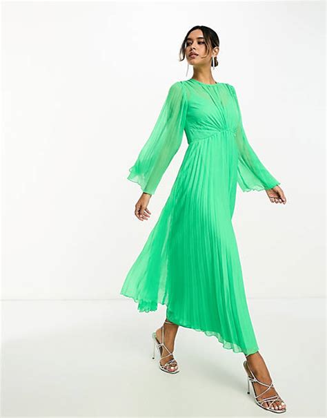 Asos Design Tie Back Fluted Sleeve Pleated Midi Dress In Green Asos