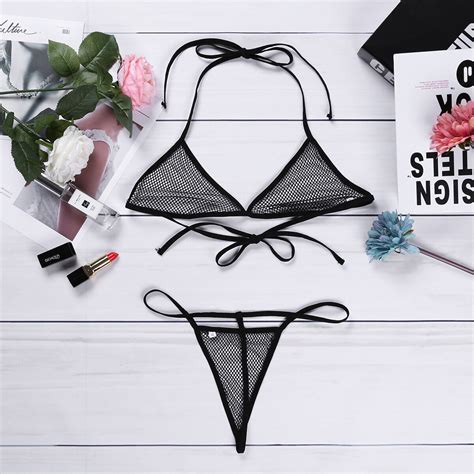 Women Sexy See Through Mini Halter Bra Sheer Bikini G String Bottom Set