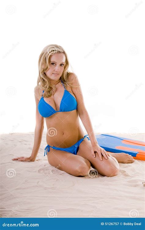 Woman In Blue Bikini On Beach Stock Image Image Of Sitting Blond