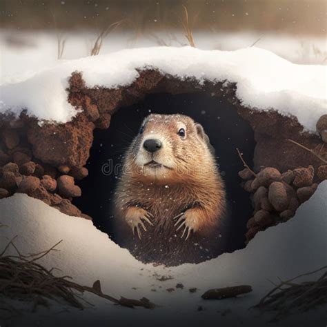 Happy Groundhog Day. Groundhog Emerges from a Snowy Hole after ...