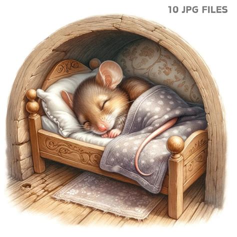 Mouse Sleeping in Little Bed in Mouse Hole, Watercolor Clipart, Instant ...