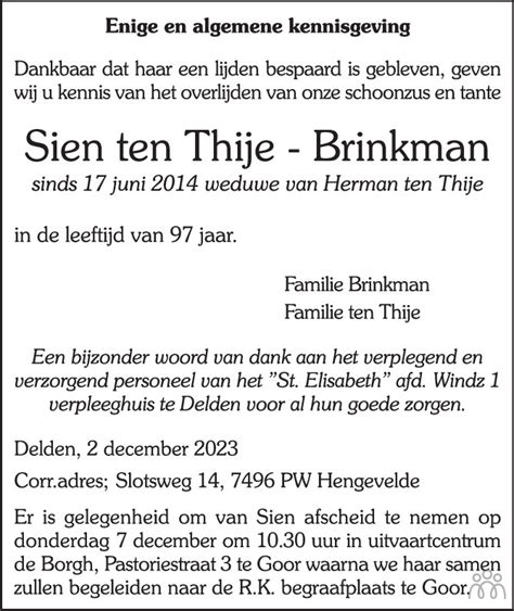 Sien Ten Thije Brinkman 02 12 2023 Overlijdensbericht En Condoleances