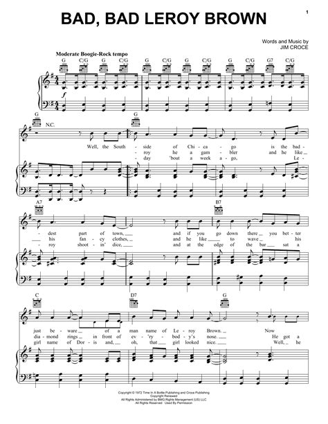 Jim Croce "Bad, Bad Leroy Brown" Sheet Music Notes | Download Printable ...