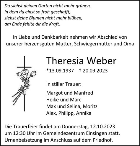 Traueranzeigen von Theresia Weber Südwest Presse Trauer