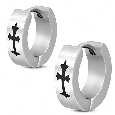 Boucles D Oreilles Homme En Acier Avec Croix Fleur De Lys Noire