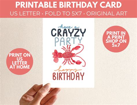 Funny Pun Birthday Card Printable With Crayfish Coastal Theme Perfect