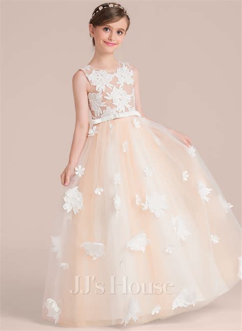 Ball Gown Princess Floor Length Flower Girl Dress Satin Tulle Lace