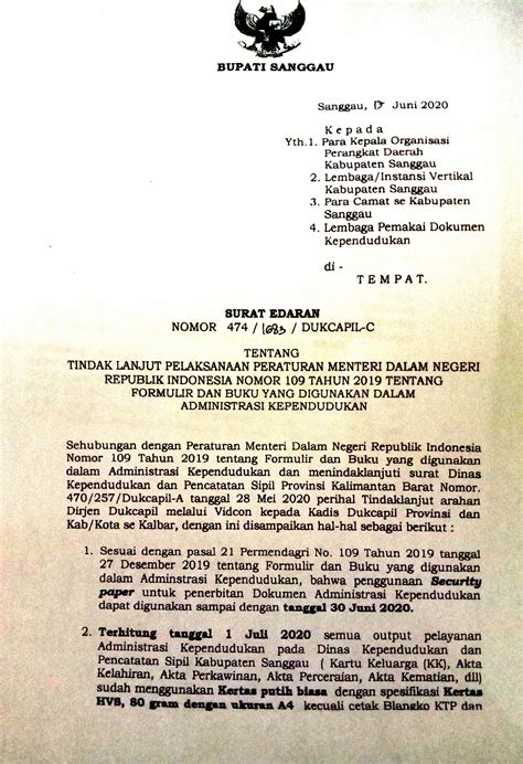 Surat Edaran Bupati Atas Tindaklanjut Permendagri Nomor Tahun