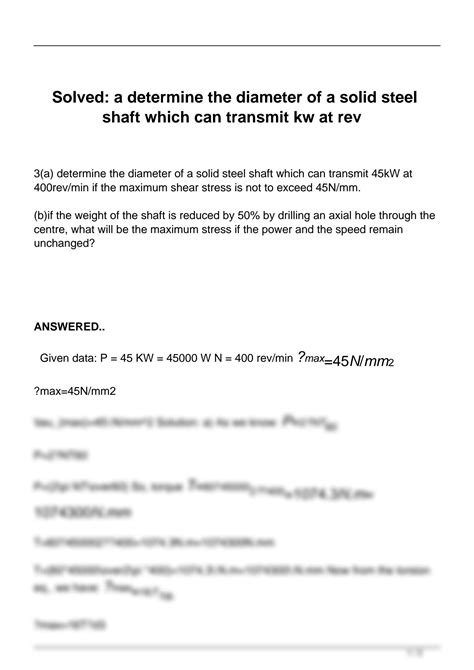 SOLUTION Solved 2 A Determine The Diameter Of A Solid Steel Shaft