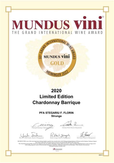 MUNDUS VINI Chardonnay Barrique 2020 MEDALIE DE AUR Strunga Winery