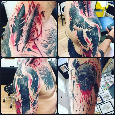 Trash Polka Abstract Black And Red Feather Skull And Raven Tattoo