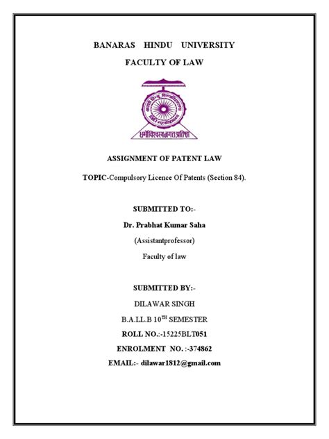 Banaras Hindu University Faculty Of Law Assignment Of Patent Law Topic