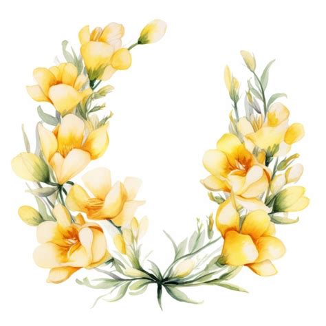 Premium Ai Image Watercolor Freesia Frame With Yellow Flowers And Leaves