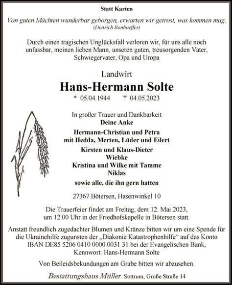 Traueranzeigen Von Hans Hermann Solte Trauer Kreiszeitung De