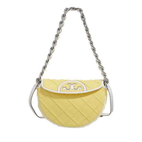 Tory Burch Mini Fleming Soft Patent Border Crescent Vintage Lemon Optic White Crossbody Bag