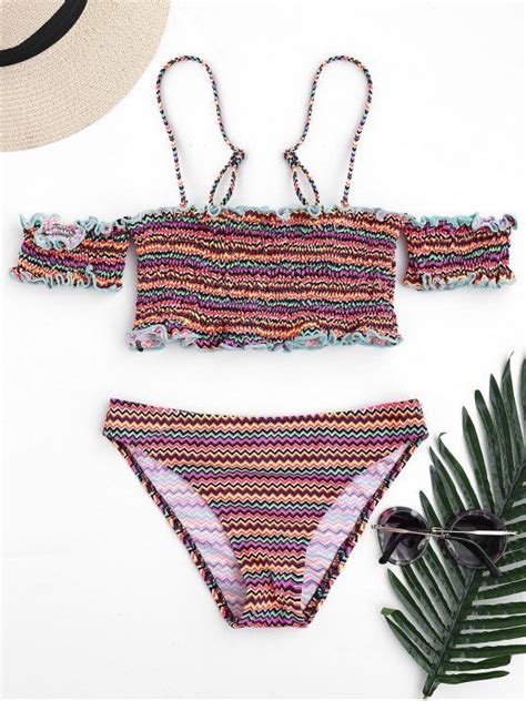 16 49 Colorful Zigzag Smocked Bikini Set Zaful Swimsuit Bathing