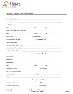 Fillable Online Surrogacy Recipient Information Sheet Sisters