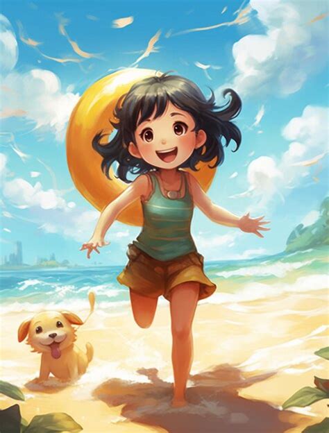 Premium Photo Anime Girl Running On The Beach With A Dog Generative Ai