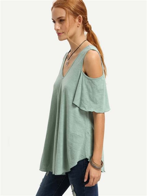 Green V Neck Cold Shoulder T Shirt Sheinsheinside