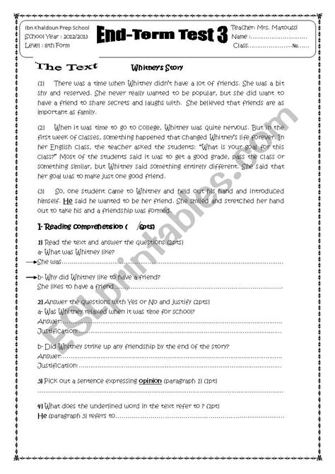 END TERM TEST 3 8TH FORM ESL Worksheet By Saaidiyasmine