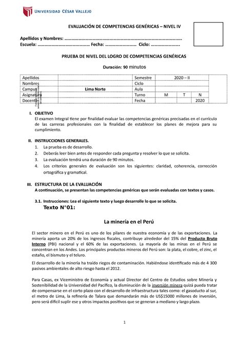 Examen Integral Prueba del logro NIV 2020 2 EVALUACIÓN DE