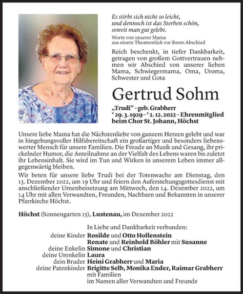 Todesanzeigen Von Gertrud Sohm Todesanzeigen Vorarlberger Nachrichten