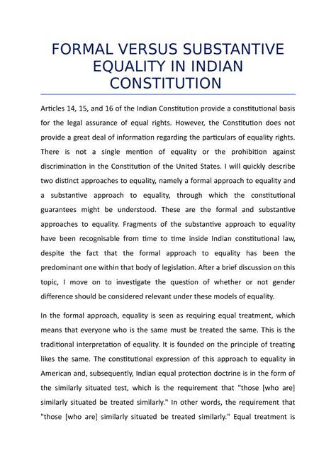 Formal Versus Substantive Equality In Indian Constitution Formal