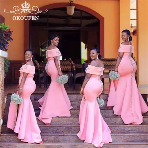 Fashion Long Pink Mermaid Bridesmaid Dresses African Women 2018